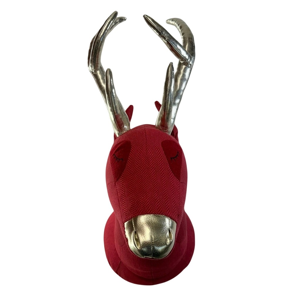 Soft Sculpture Deer Head Wall Mount Red Herringbone Gold Antlers Plush Decor
